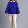 UMGEE ROUND NECK PULLOVER SWEATER WITH LONG SLEEVE PEARL DETAILS IN BLUE