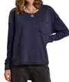 Umgee Round Neck Top With Waffle Knit Long Sleeve In Navy In Blue