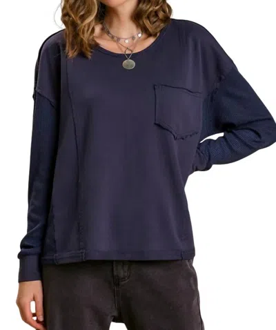 Umgee Round Neck Top With Waffle Knit Long Sleeve In Navy In Blue