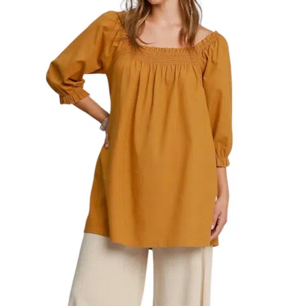 Umgee Ruched Neckline Tunic Top In Mustard In Yellow