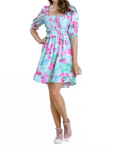 Umgee Ruffle & Smocked Floral Dress In Emerald