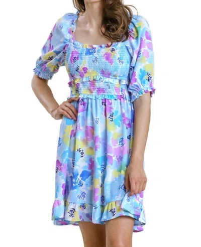 Umgee Ruffle & Smocked Floral Dress In Sky In Blue