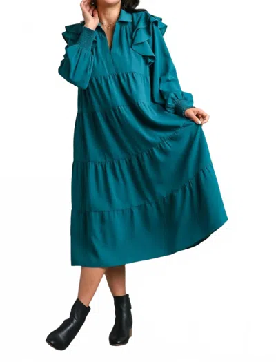 Umgee Ruffle Long Sleeve Tiered Maxi Dress In Teal In Blue