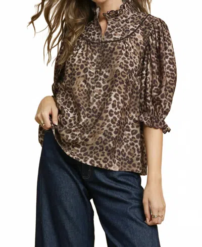 Umgee Ruffle Neck Blouse In Leopard In Brown