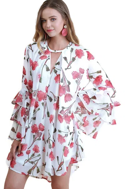 Umgee Ruffle Sleeve Floral Keyhole Dress In Cream In Multi