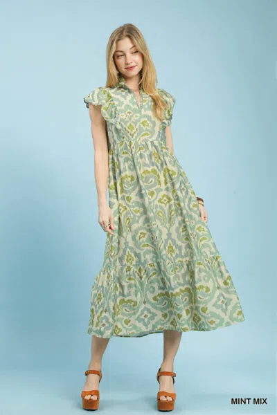 Umgee Ruffle Sleeve Ikat Midi Dress In Mint Mix In Green