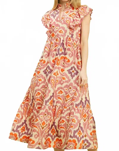 Umgee Ruffle Sleeve Ikat Midi Dress In Pink Mix