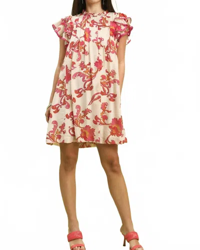 Umgee Ruffle Sleeve Mini Dress In Beife/ Red In Multi