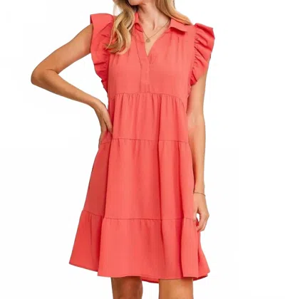 Umgee Ruffle Sleeve Tiered Dress In Coral In Pink
