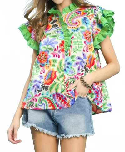Umgee Ruffle Trim Paisley Floral Top In Green Multi