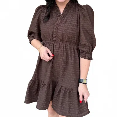 Umgee Ruffle Trim Textured Babydoll Dress In Brown
