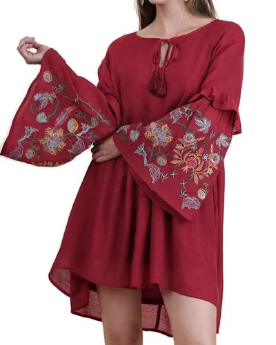 Umgee Ruffled Embroidered Keyhole Dress In Red