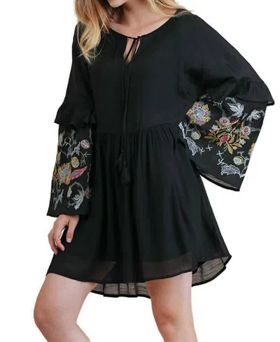 Umgee Ruffled Embroidered Keyhole Dress In Black