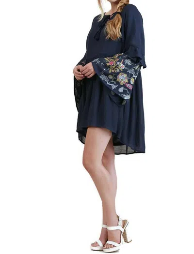 Umgee Ruffled Embroidered Keyhole Dress In Navy In Blue