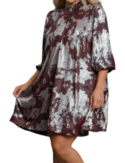 Umgee Ruffled High Neck Metallic Dress In Brown