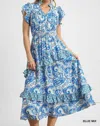 Umgee Paisley Print Ruffle Sleeve Midi Dress In Royal Blue In Blue