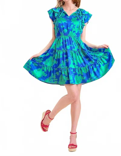 Umgee Satin Floral Tiered Dress In Ocean Mix In Blue