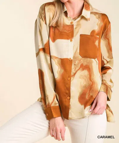 Umgee Satin Marble Collared Button Up Shirt In Caramel In Brown