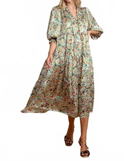Umgee Satin Paisley Midi Dress With Ruffle Neck Tie In Green In Multi