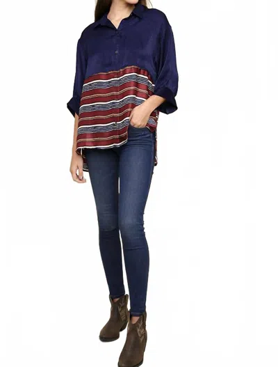 Umgee Satin Stripe Colorblock Button-down Blouse In Midnight In Blue