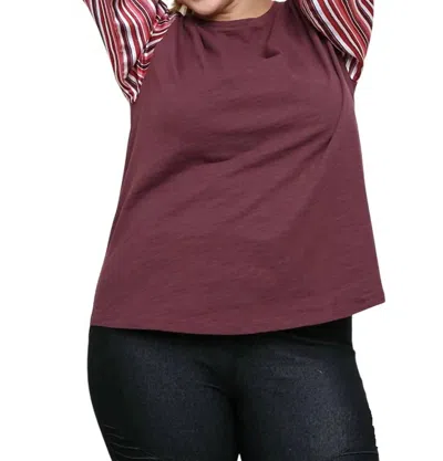 Umgee Satin Striped Sleeve Top In Burgundy In White