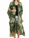 Umgee Satin Tropical Plant Print Open Front Kimo In Green In Green