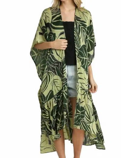 Umgee Satin Tropical Plant Print Open Front Kimo In Green