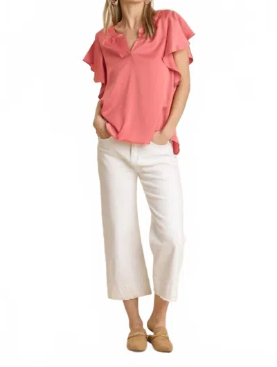 Umgee Satin V-neck Short Ruffle Sleeve Top In Peach Coral In Pink