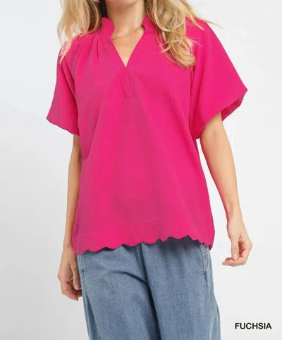Umgee Scalloped Hem Textured Blouse In Fuchsia In Pink