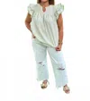 Umgee Seersucker Preppy Ruffle Sleeve Top In Sage Green In Green