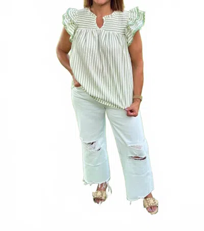 Umgee Seersucker Preppy Ruffle Sleeve Top In Sage Green