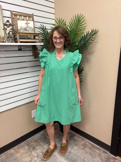Umgee Seersucker Ruffle Shift Dress In Green