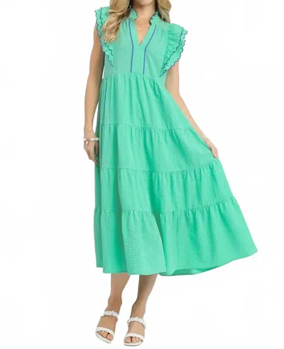 Umgee Seersucker Ruffle Sleeve Tiered Midi Dress In Mint In Green
