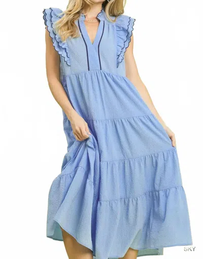 Umgee Seersucker Ruffle Sleeve Tiered Midi Dress In Sky Blue