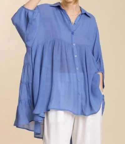 Umgee Sheer Collared Button Down Tunic Top In Blue