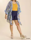 Umgee Sheer Floral Print Open Front Plus Size Kimono With Crochet Detail In Multi