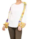 Umgee Sheer Floral Puff Sleeve Knit Top In Ivory In Multi