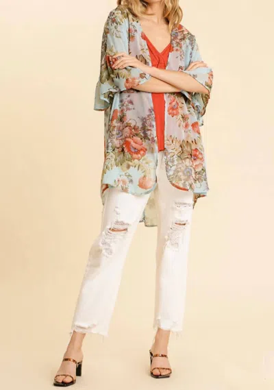 Umgee Sheer Ruffle Sleeve Floral Kimono In Multi