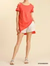 Umgee Short Sleeve High Low Tunic Top With Fringed Hems In Strawberry In Multi