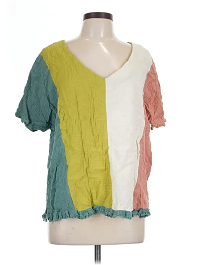Pre-owned Umgee Short Sleeve Top Green Color Block Pattern V-neck Tops