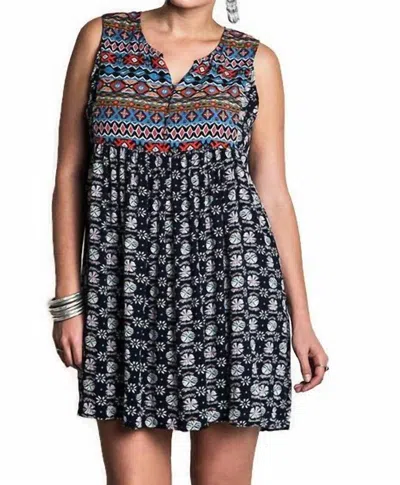 Umgee Sleeveless Printed Peasant Dress In Navy Mix In Blue