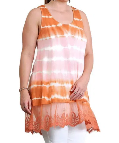 Umgee Sleeveless Tie Dye Lace Tunic In Peach & Camel