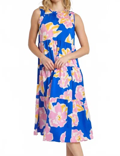 Umgee Sleeveless Tiered Midi Floral Print Dress In Royal Mix In Blue