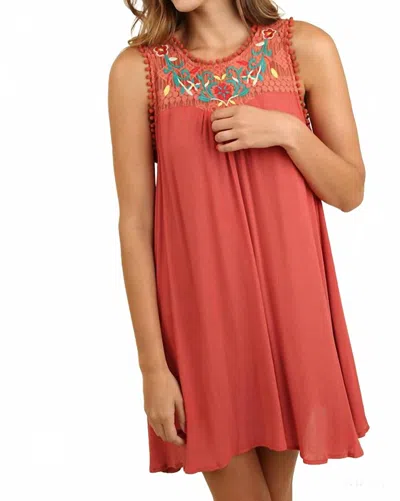 Umgee Sleeveless With Floral Embroidered Yoke Dress In Bossa Nova In Red