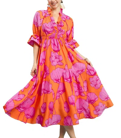 Umgee Smock Waist Midi Dress In Pink Orange