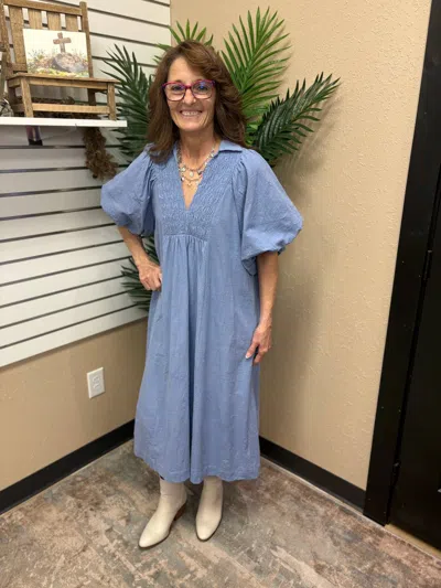 Umgee Smocked Front Yoke Midi Dress In Light Blue