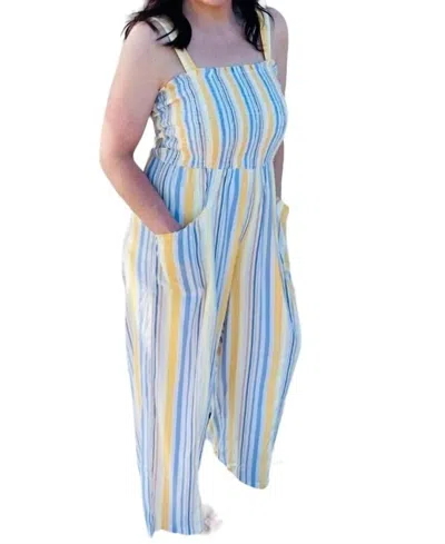 Umgee Smocked Jumpsuit In Yellow And Blue Stripes In Multi