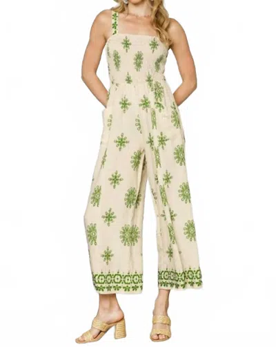 Umgee Smocked Printed Wide Leg Jumpsuit In Cream/ Green In Gray
