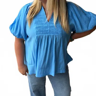 Umgee Smocked Puff Sleeve Top In Ocean Blue