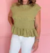 Umgee Smocked Ruffle Hem Sleeveless Top In Avocado